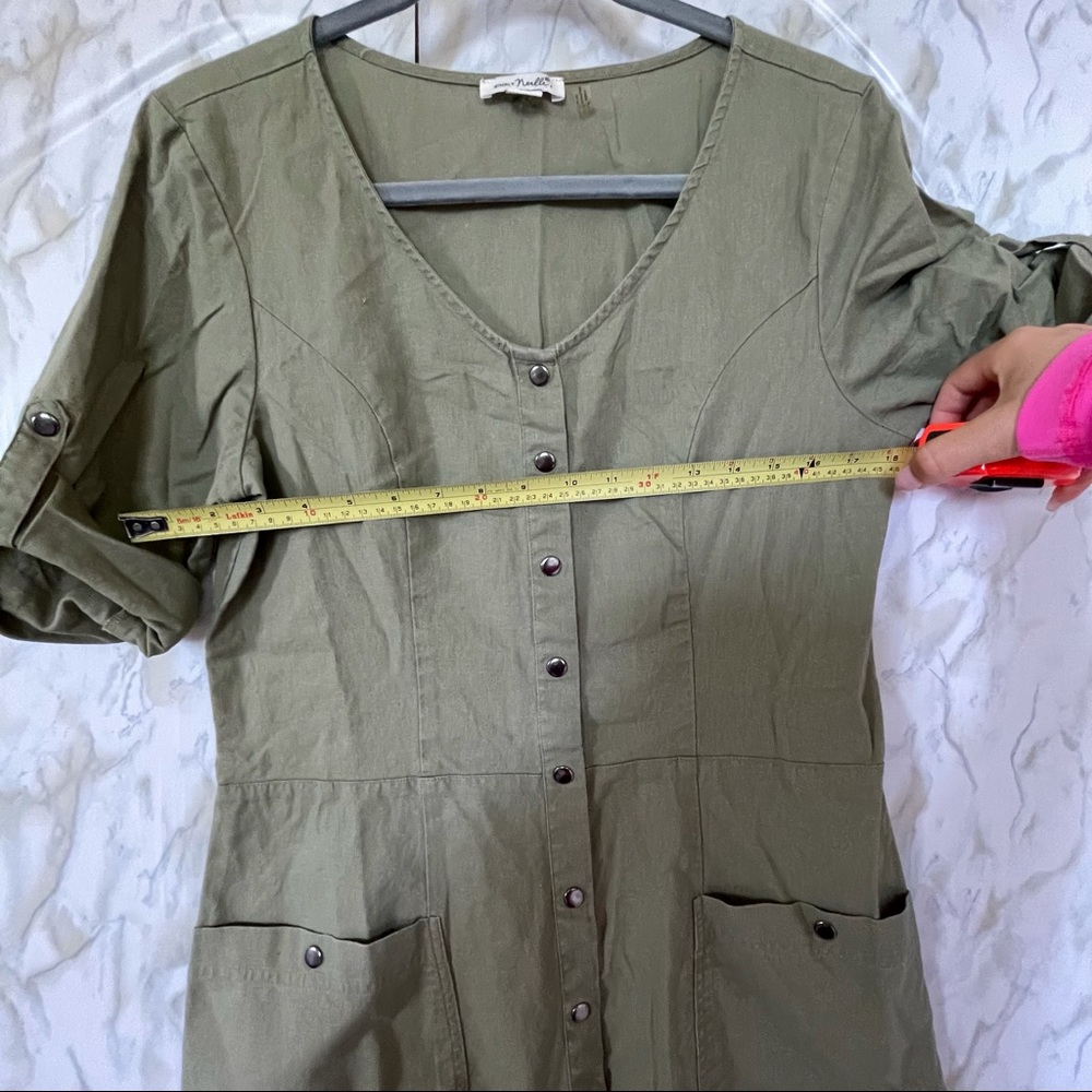 Simply Noelle S/M linen olive green dress button up short sleeve pockets summer - Picture 6 of 8